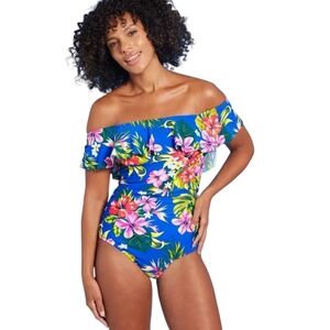 Kona Sol Off-the-Shoulder Flounce  Blue Tropical Print One Piece Swimsuit - Sz M